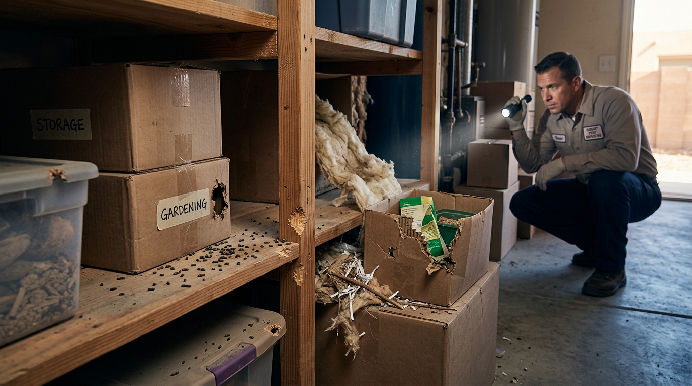 Rodent Exterminator Near Me in Albuquerque, NM examining rodent droppings, nesting material and damaged insulation