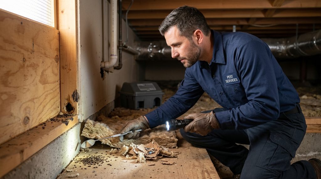 Rodent Exterminator Near Me in Albuquerque, NM inspecting a home crawl space for signs of rats and mice