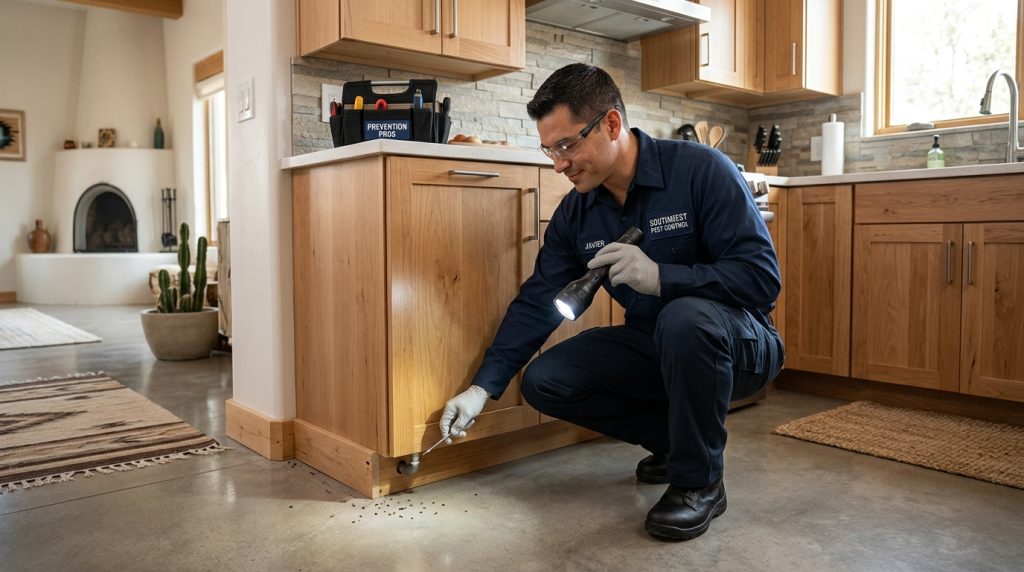 Pest Control Services in Albuquerque, NM technician inspecting a home for signs of pests