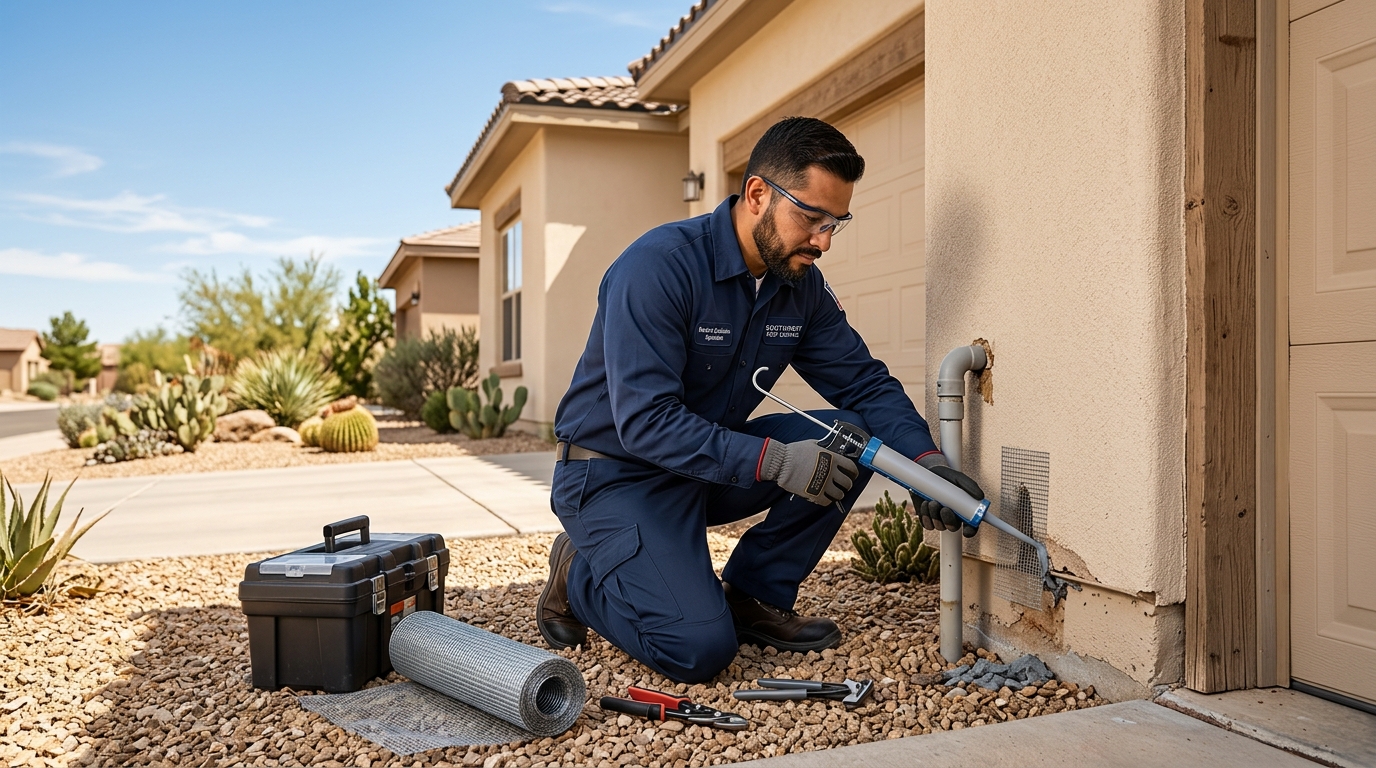 Rodent Exterminator Near Me in Albuquerque, NM sealing a residential foundation entry point to prevent rodents