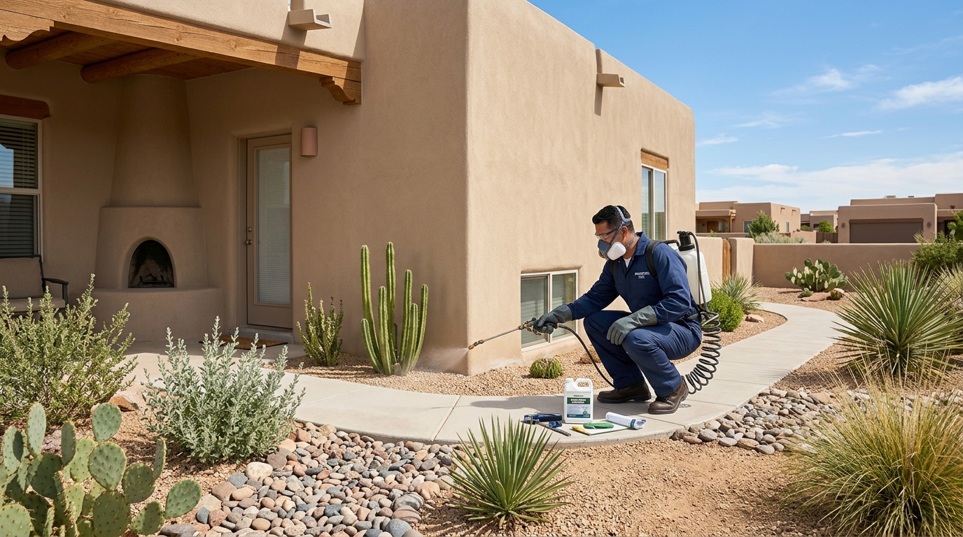 Pest Control Services in Albuquerque, NM specialist treating a home's exterior for prevention