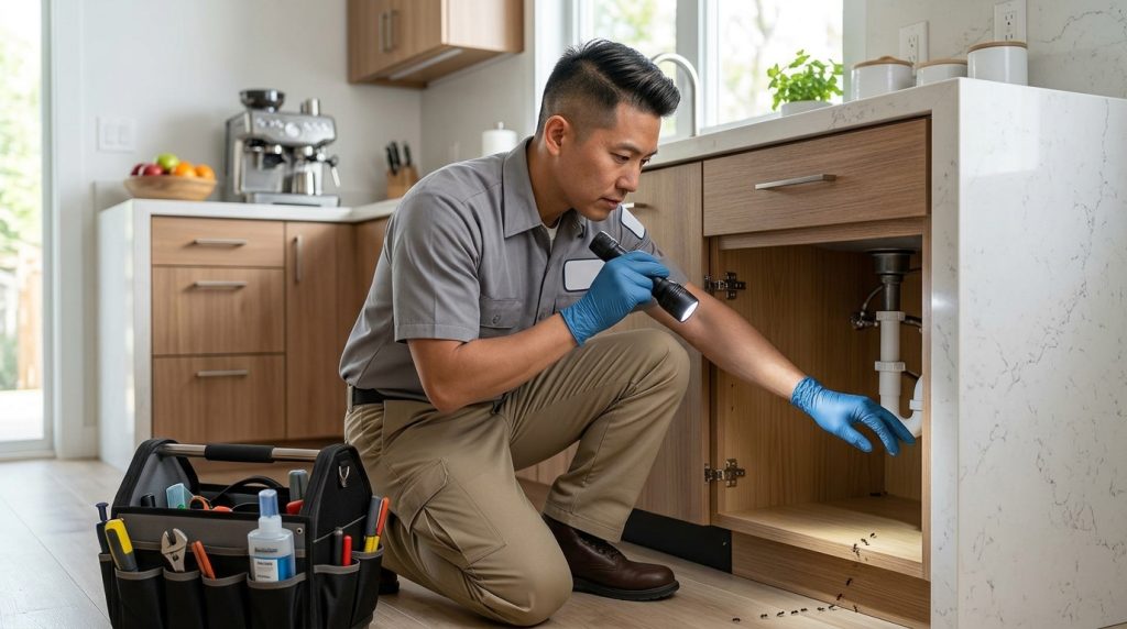 Pest Exterminator Near Me inspecting a home for ants and cockroaches.