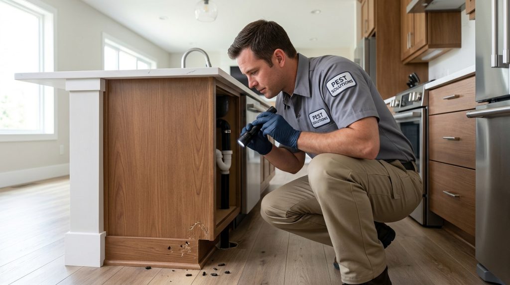 Exterminator for Rodents Near Me inspecting a residential kitchen.