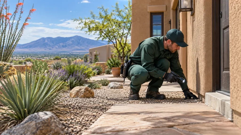 Expert Pest Control Service inspecting a residential property in Albuquerque's International District.