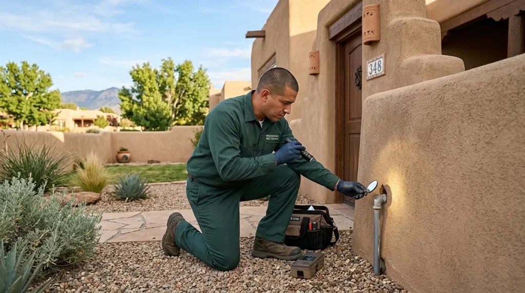 Professional Rodent Control inspection at a residential property in Los Ranchos de Albuquerque, NM.