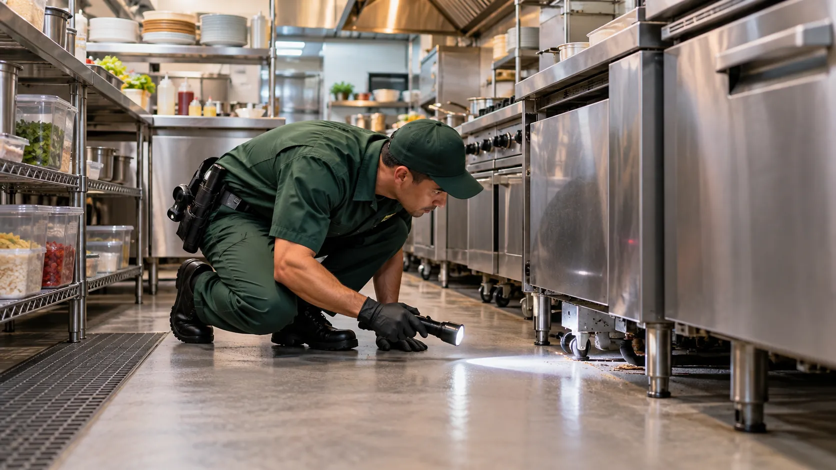 Professional Pest Control Service inspecting a commercial kitchen in Albuquerque's International District.